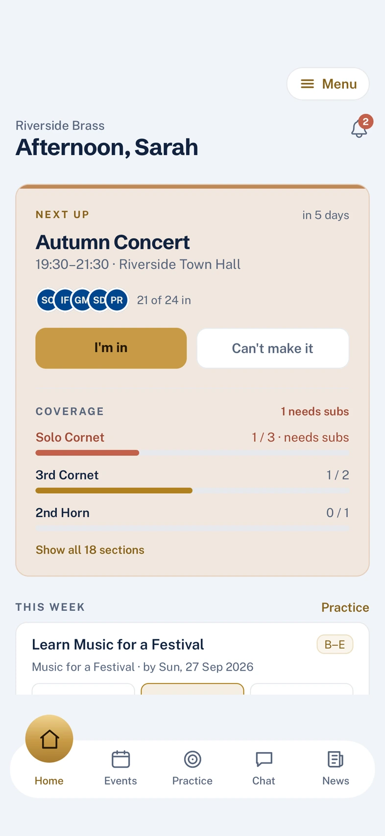 The BandHQ home screen, showing the next rehearsal and live section balance.