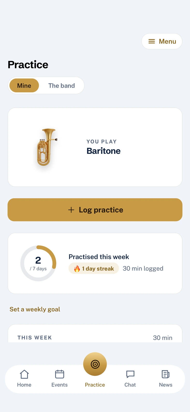 A player’s practice tracker in BandHQ, showing the week and the band challenge.